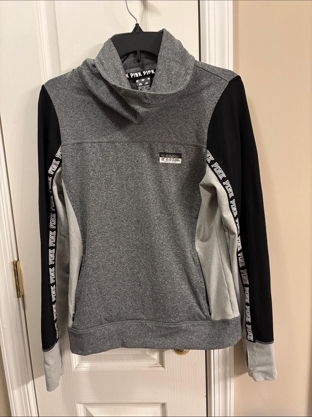 PINK Victoria's Secret Heather Gray Funnel Neck Pullover with Black Logo Tape
